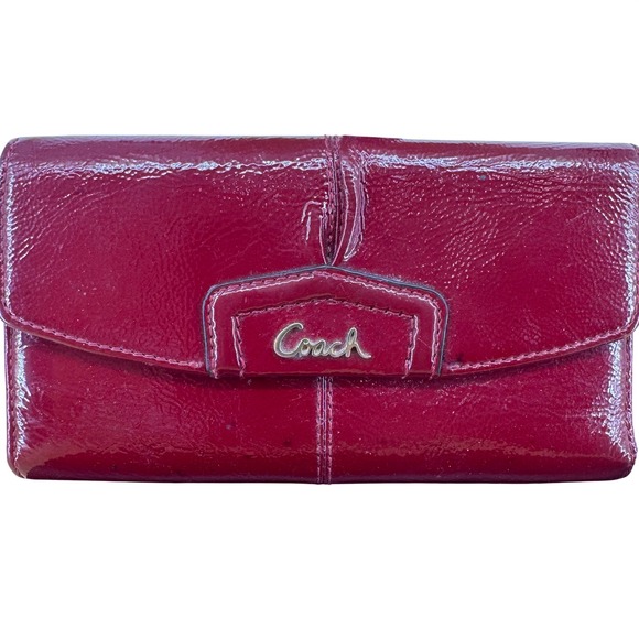 Coach Handbags - Coach Womens Cherry Red Crinkle Patent Leather Slim Envelope Wallet Logo Plate